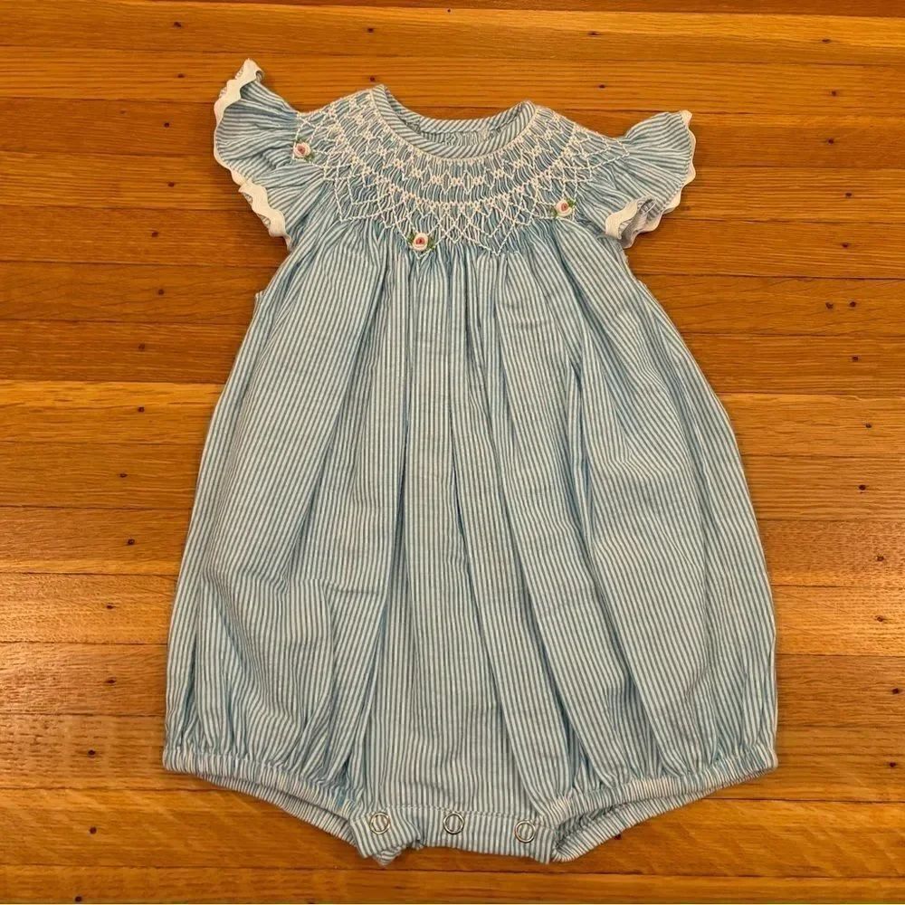 Smocked blue/white embroidered short sleeve stripe seersucker romper NWT